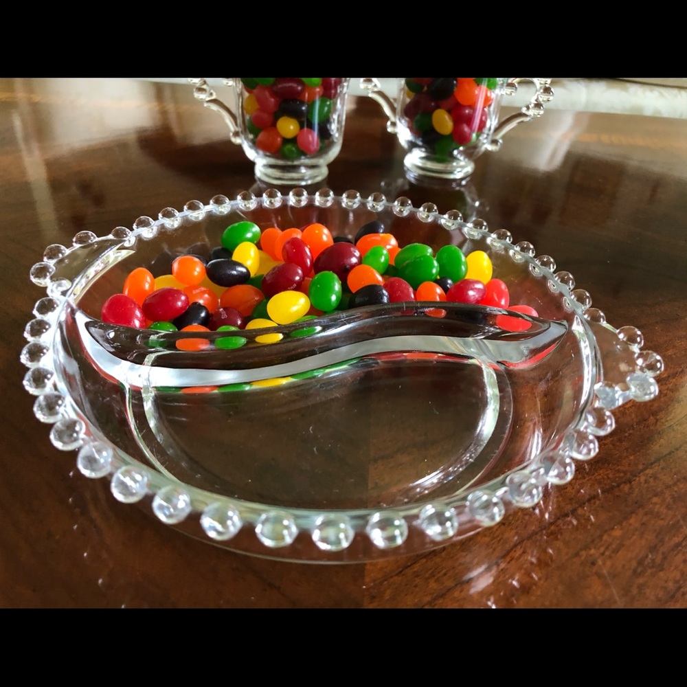 VTG 1920’s clear Glass Hobnail 3 pc Creamer, sugar, Divided round serving dish - Picture 15 of 16